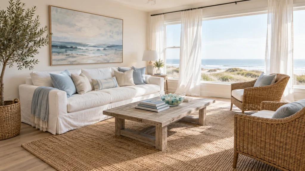 Modern coastal decor in a bright living room with linen sofa and jute rug