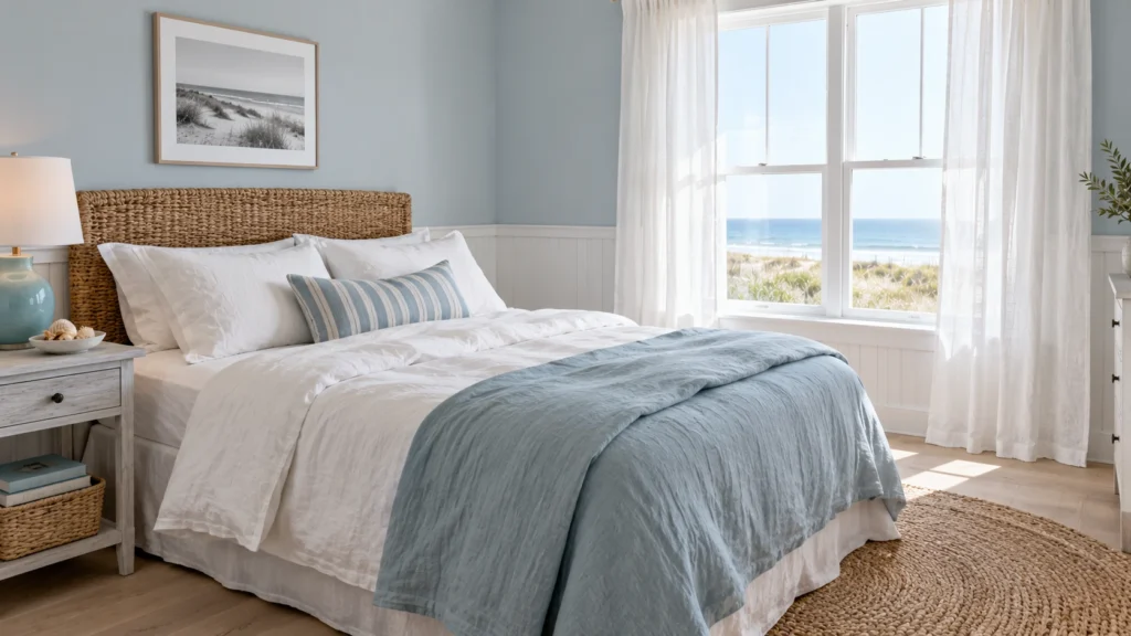 Coastal decor in a calm bedroom with linen bedding and seagrass headboard