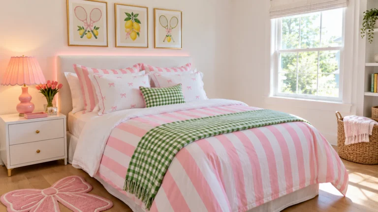 Preppy room decor with pink striped bedding, bow pillows, and soft LED lights