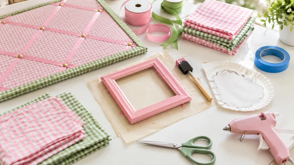 Preppy room decor with pink striped bedding, bow pillows, and soft LED lights
